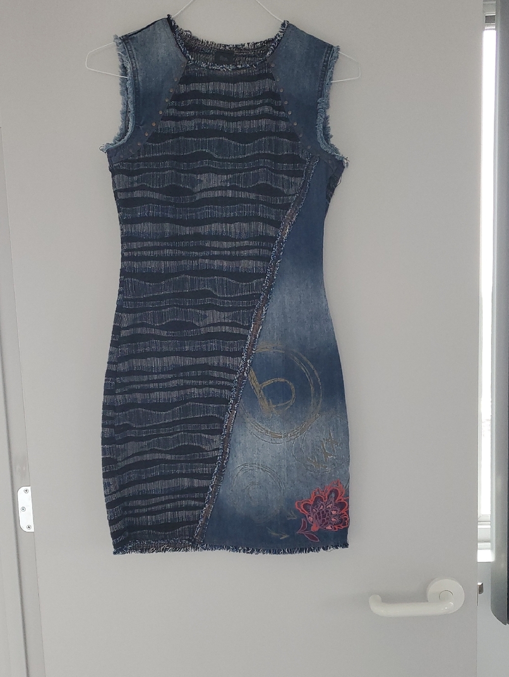 Desigual Blue Denim Patchwork Sleeveless Mini Dress with Pink Accent